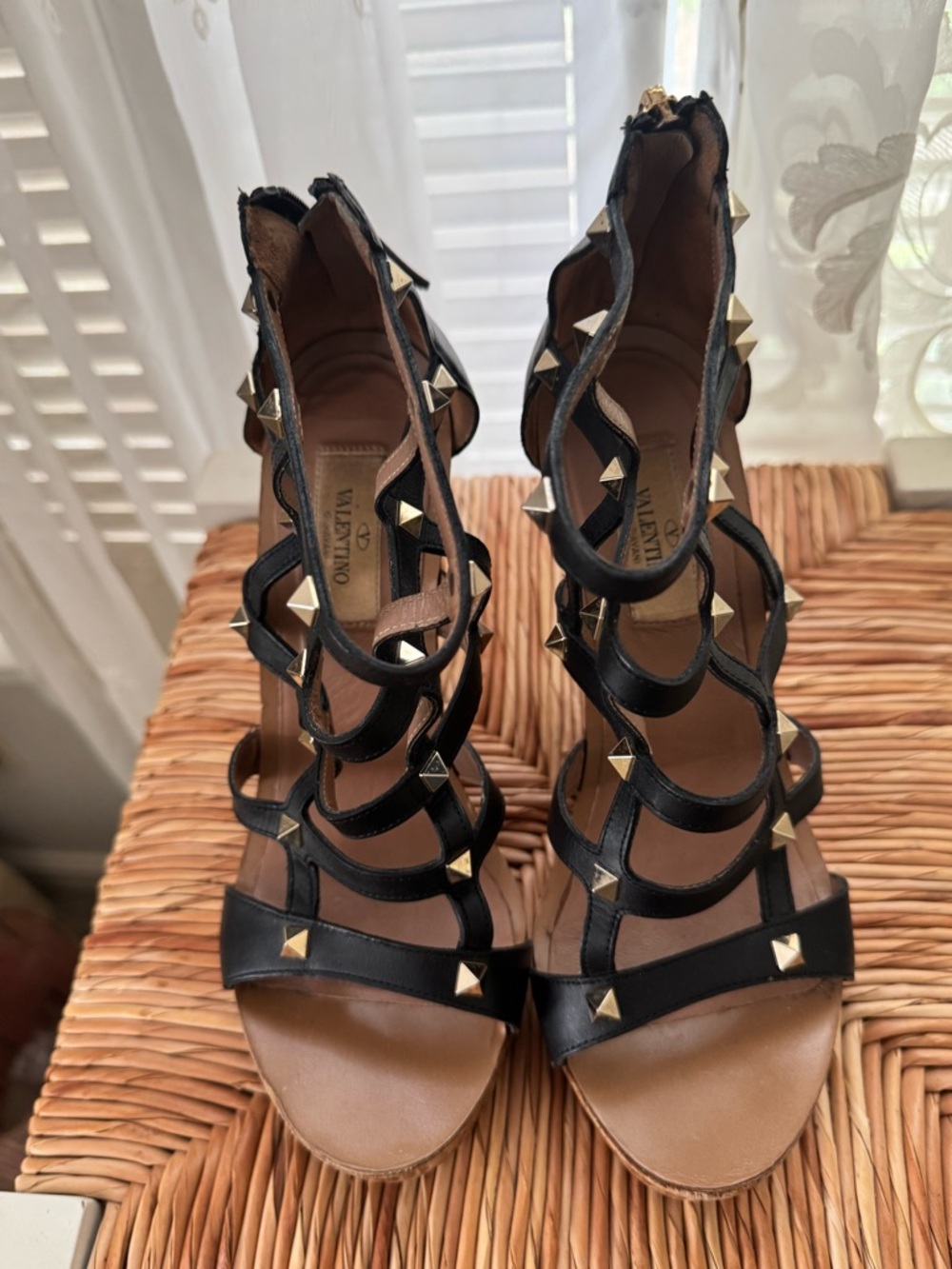 Valentino Garavani Black Leather Pyramid-Stud Strappy Heels